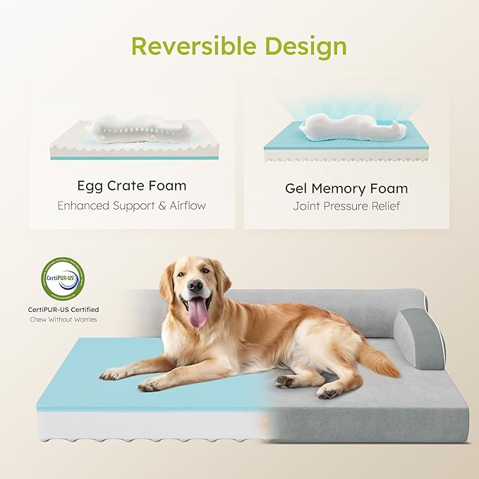 XXL Orthopedic Dog Bed, Big Dog Bed for Large Dogs, Dual-Sided Pet Cooling Beds with Memory Foam Washable Cover Nonslip Bottom, Waterproof Pet Couch with Bolsters, Light Grey