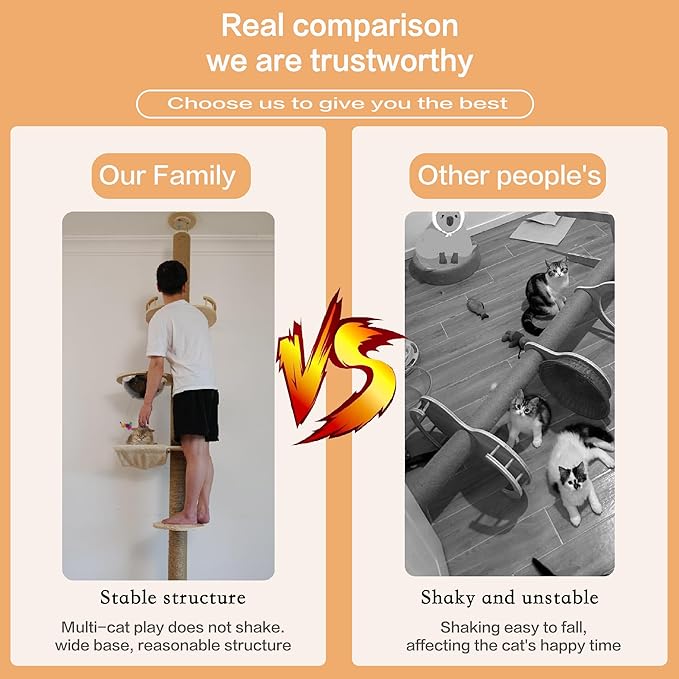 Floor to Ceiling Cat Tree Height (50-117,32 in) Adjustable Cat Tower 5 Tier Hemp Scratching Post High Cat Tree Sturdy Activity Tree Indoor Outdoor Cat Scratching Post Activity Center