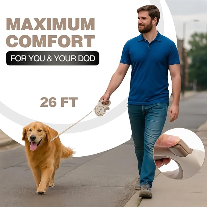 PINA Upgraded Retractable Dog Leash, 26 ft Dog Leash for Small Medium Large Dogs Up to 110lbs, Heavy Duty Reflective Nylon Tape 360° Tangle-Free, with Anti-Slip Handle, One-Handed Brake, Pause, Lock