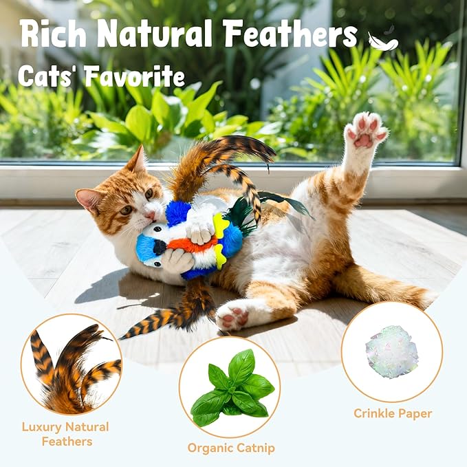Cat Toys Flapping Bird, Interactive Catnip Cat Toy with Touch/Timed Automatic Activate, Multi Functions Parrot Toy, Lifelike 4 Animal Sounds, Rechargeable Kicker Exercise Toys for All Breeds