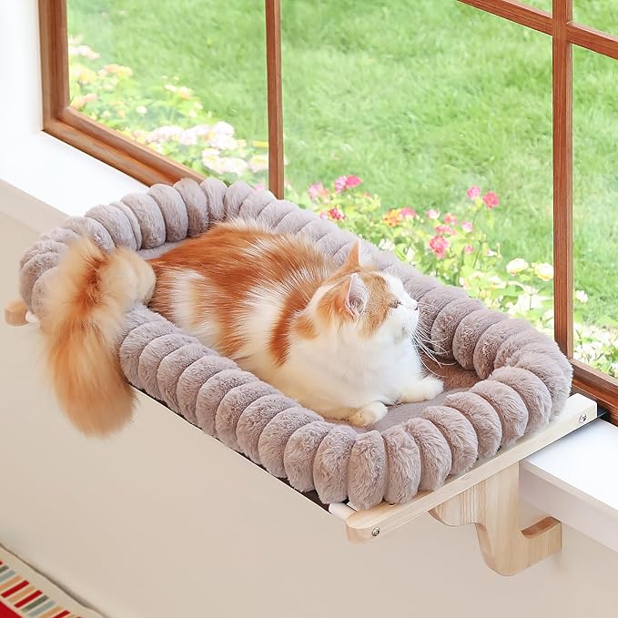Zakkart SnugCloud Cat Window Perch with 4-Sided Bolster - Orthopedic Cat Hammock for Window Sill - Solid Hardwood & Metal Frame - Window Seat for Pets (Natural Color Wood w/Brown Bed, Medium)