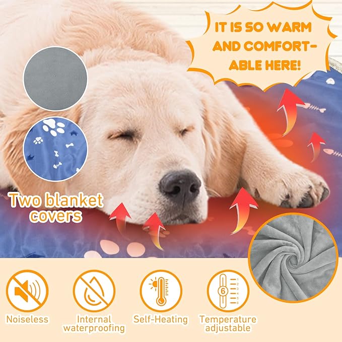 Dog Heating Pad 34"*21" for Outdoor Cat, Heated Dog Bed with Adjustable Temperature & Timer, Indoor Warming Waterproof Pet Heating Pad Mat with Chew Resistant Cord, Replacement Cover for Puppy Kitten