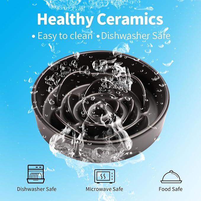 Black Ceramic Slow Feeder Dog Bowl for Medium and Large Breed,Elevated/Raised 1.5 Cup 8.26 in Slow Feeding Bowl,Puzzle Dog Food Bowl for Fast Eater,Maze Dish for Fast Eater