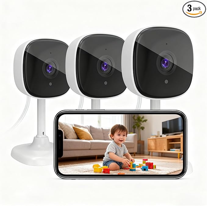 3 Pack Indoor Security Camera 2.4GHz WiFi, 24/7 Recording, 2-Way Audio, Night Vision, AI Motion Detection, Cloud/SD Storage, Compatible with Alexa & Google Home for House/Baby/Pet Monitoring