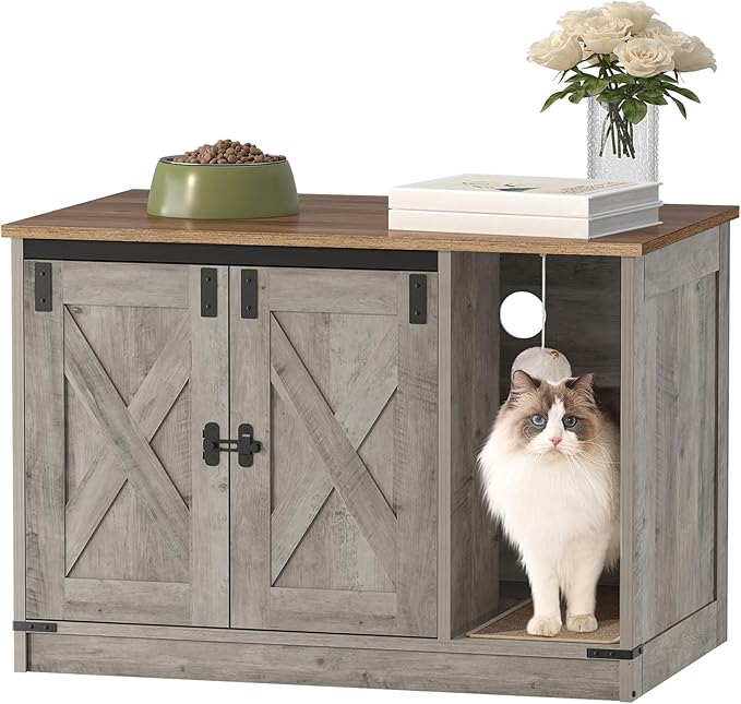 Cat Litter Box Enclosure, Hidden Litter Box Cabinet Furniture with Bell, Indoor Cat House, Farmhouse Style, 31.5 x 19.7 x 20.9Inches, for Hallway, Bedroom, Light Ivory and Brown CB82405X