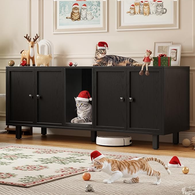 ONBRILL 59 Inches Cat Litter Box Enclosure for 2 Cats, Hidden Litter Boxes Furniture with Cat Scratch Pad, Large Indoor Pet House with Double Room, Wooden TV Stand Side Table, Black