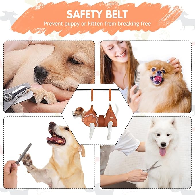 Paws n' Cradle Dog Grooming Hammock Harness for Dogs & Cats - Complete Kit with Adjustable Leg Fittings, Comb, Nail Clipper, File, Hook & Loop Strap, Adjustable Hanging Straps & Snap Hooks (Large)