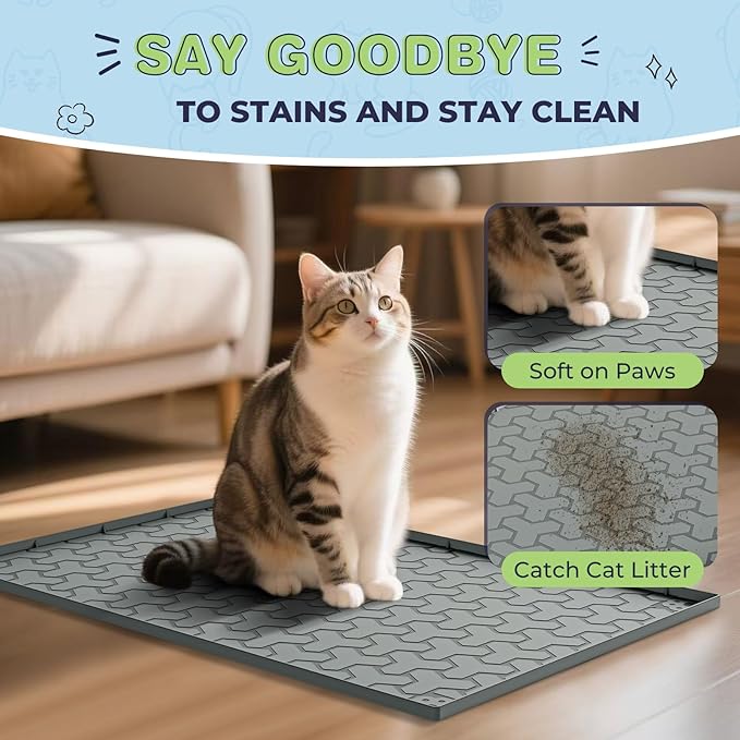 Silicone Cat Litter Mat for Litter Box - 34" X 22"Waterproof Urine - Proof Mat, Non - Slip Trapping Pad to Keep Floor Clean, Easy to Clean Cat Floor Mat（Deep Gray）