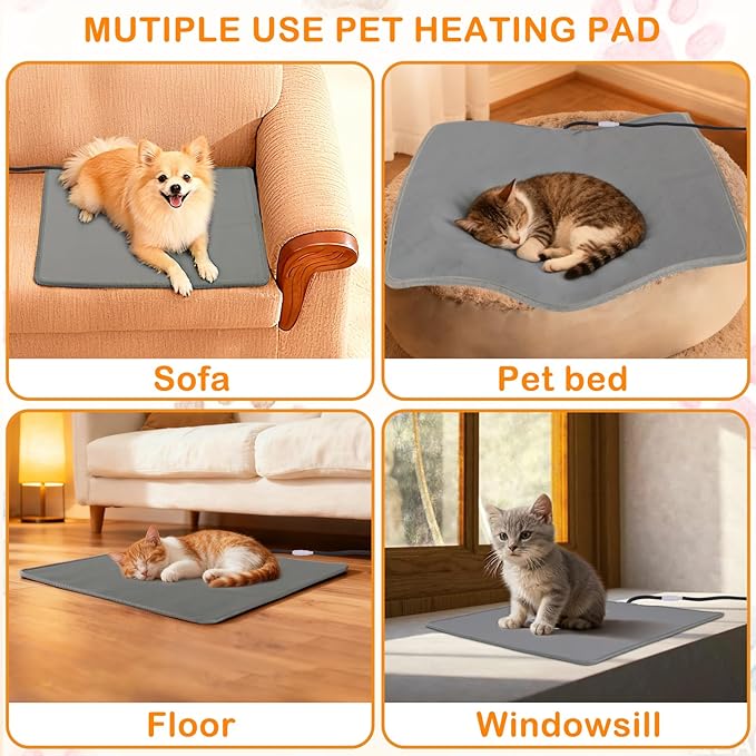 ELEGX Pet Heating Pad, 10 Adjustable Temperature Dog Cat Heating Pad, Waterproof Electric Heated Cat Bed with Smart Thermostat Switch & Chew Resistant Cord, Non-Slip Pet Heated Mat 17.7x17.7in