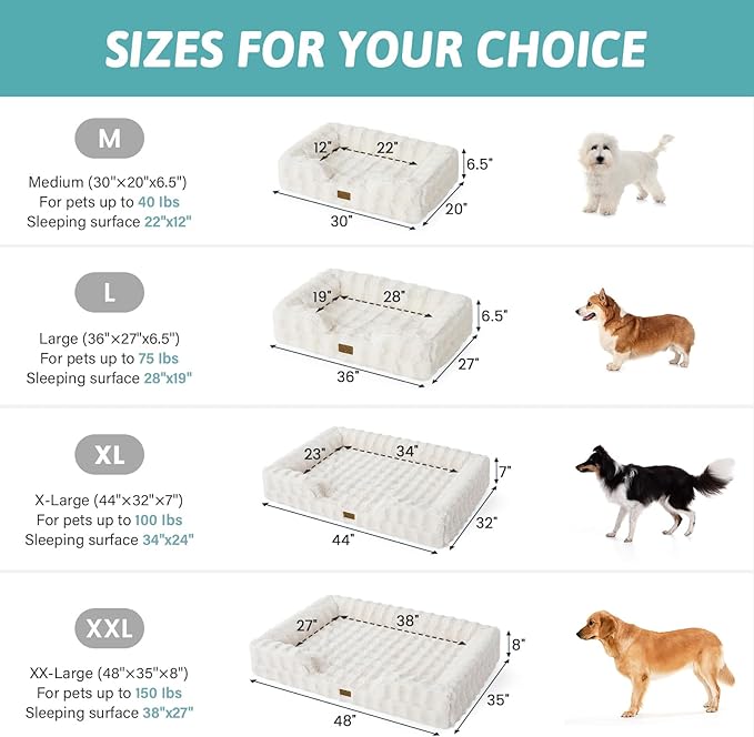 Orthopedic Dog Bed for Extra Large Dog, Soft and Warm Faux Fur Sofa for Giant Pet Up to 150 lbs, Foam Bolster Anti-Slip Couch with Washable Removable Cover, XXL 48x35x8 inch, Beige