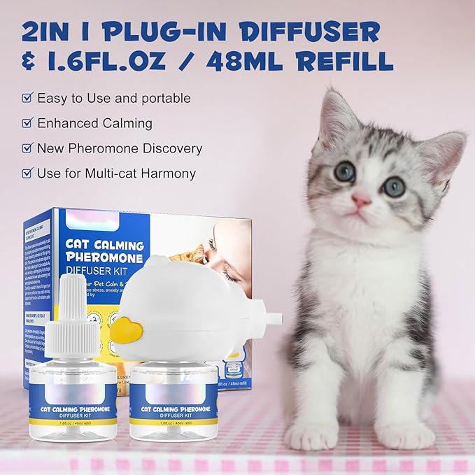 Cat Calming Diffuser Kit 60 Days, Cat Pheromones Calming Diffuser Effectively Relieve Anxiety Stress Fighting Scratching, Pheromone Diffuser for Cats -(1 Diffuser + 2 Refill)