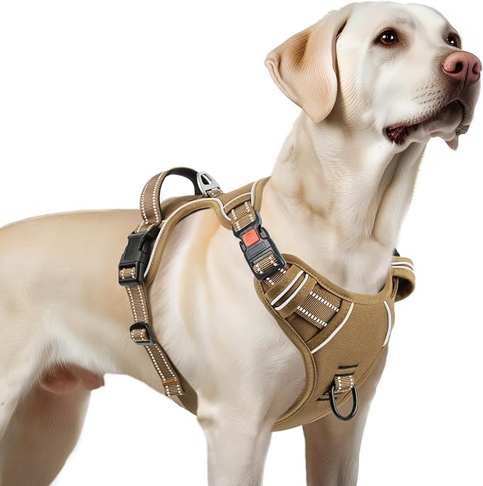 Timos Dog Harness Large Sized, No Pull Pet Harness with Neck Lockable Snap,No Choke Front Clip Dog Reflective Vest,Adjustable Metal Rings 3 Buckles,Easy Control Handle for Large Dogs Khaki L