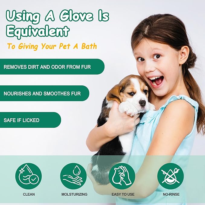 Pet Cleaning and Deodorizing Bathing Grooming Glove Wipes for Dogs and Cats, Extra Thick Nourish Fur No-Rinse Grooming Wipes for Daily Care and Travel, Hypoallergenic, 10 pcs