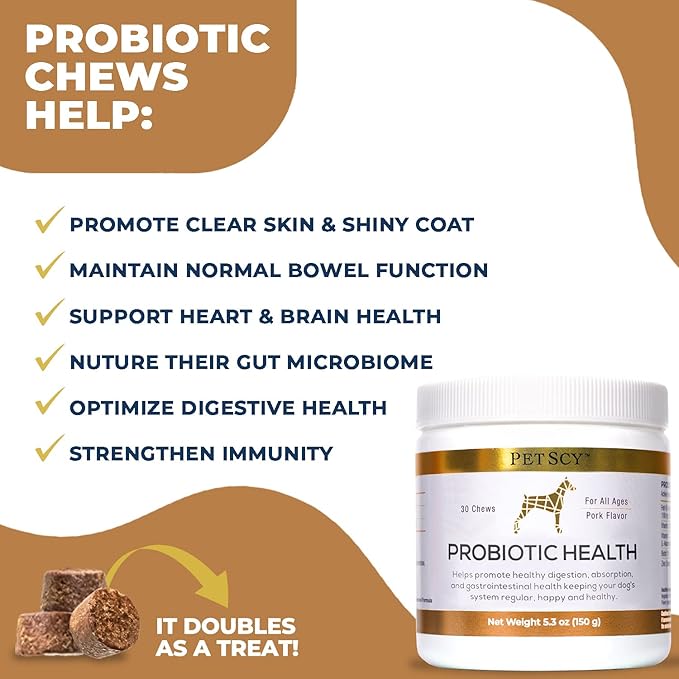 PetScy - Probiotic Chews for Dogs, Probiotic for Dogs of All Ages, Sizes & Breeds with Prebiotic Fiber and Pure Omega-3 | Improves Skin, Coat, and Gut Health, 30 Chews