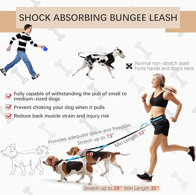 Hands-Free Waist Leash with Pouch for Two Dogs,Reflective Stitching, Dual Handle & Bungee Retractable Design – Ideal for Medium to Large Dogs (Blue) – Dog Walking Accessories