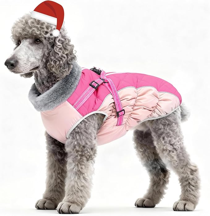 Dog Winter Coat with Harness, Dog Jacket, Pet Clothes with Zipper on Back, Waterproof Windproof Warm Vest, Reflective Cold Weather Coats, for Small Medium Large Dogs, Thick, Pink, M