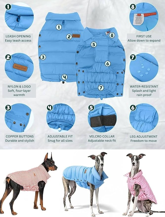 SPACE LION Dog Puffer Jacket, Down Winter Coat, Durable Outdoor Coat for Cold and Windy Conditions, Lightweight & Adjustable Fit Coats for Small & Medium Dogs, (Alaskan Blue, Size 12 Gift Box)
