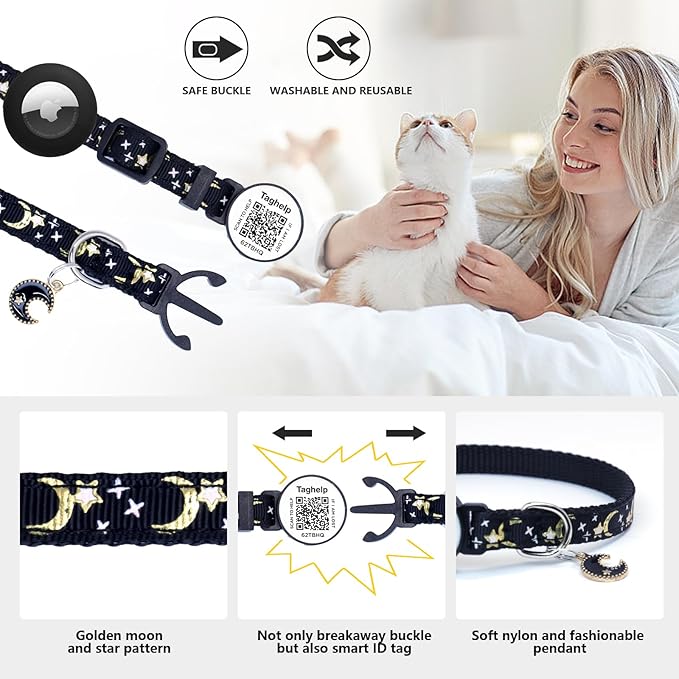2PCS Breakaway Cat Collars with Bell Cute Star &Moon Safe Kitten Collars with Pendant Glow in The Dark,Airtag Holder Cat Collar with Smart ID tag & QR Code Reflective for GPS Boy Girl Cats (Black)