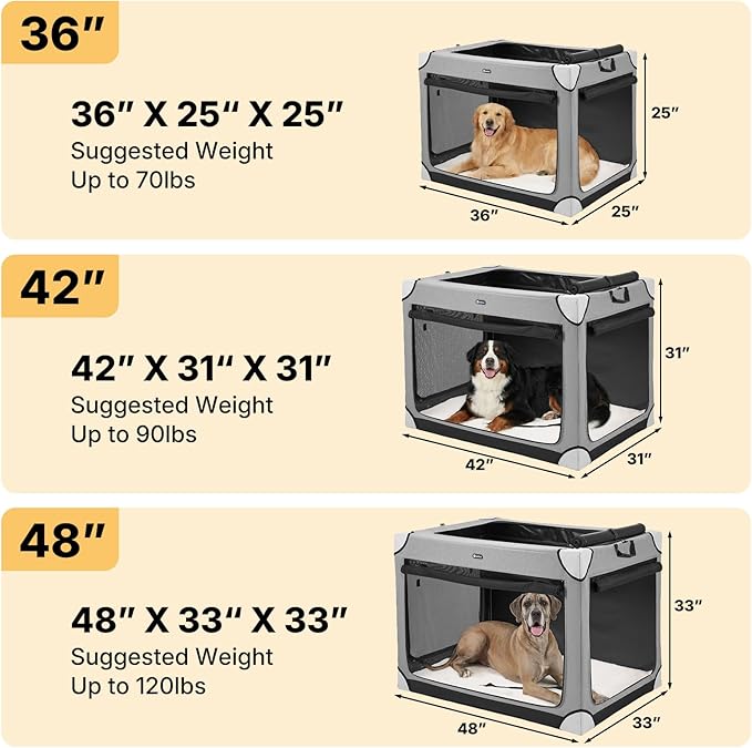 Veehoo Large Dog Crate for Indoor Outdoor, Portable Collapsible Travel Dogs Crate, 42 Inch Soft Foldable Pet Kennel with 4-Door Mesh Windows