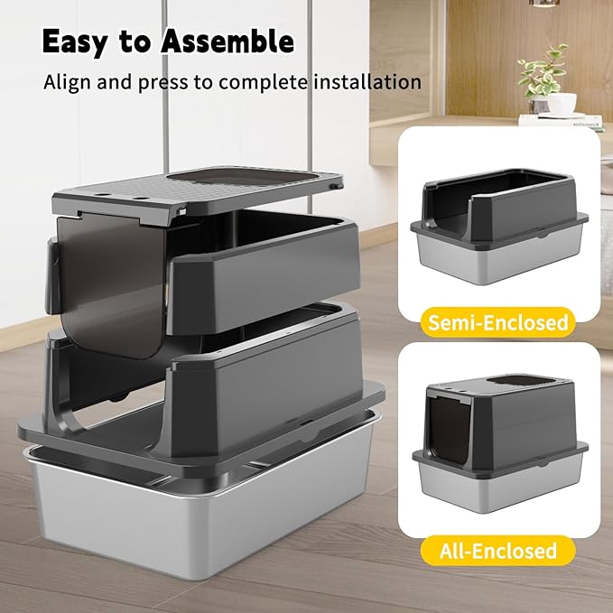 RIZZARI Enclosed Cat Litter Box: All Black Stainless Steel Odorless Cat Box - Top-Entry Design - Large Capacity Leak Proof Litter Pan for Cats - Teflon Non-Stick Coating - for Living Room Bedroom