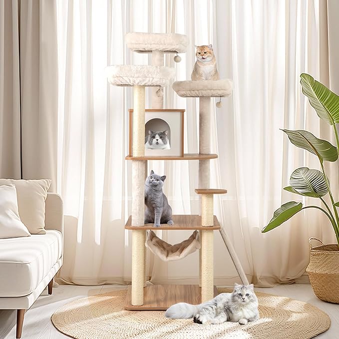 Tangkula Tall Cat Tree, 68 Inch Modern Wood Cat Tower with Sisal Scratching Posts, 3 Padded Perches, Condo, 2-in-1 Ladder, Dangling Balls, Washable Cushions for Indoor Cats Large Adult (Natural)