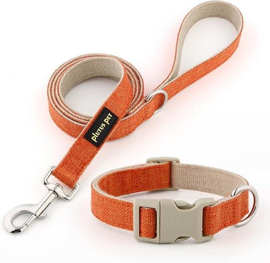 Plutus Pet Cotton Hemp Dog Collar and Leash Set, Adjustable Collar for Small, Medium, and Large Dogs, Heavy Duty and Soft on Skin, Orange, XS