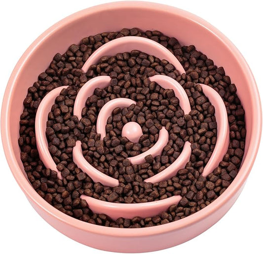 Pink Ceramic Slow Feeder Dog Bowl for Medium and Large Breed,1.5 Cup 8.26 in Slow Feeding Bowl,Puzzle Dog Food Bowl for Fast Eater,Maze Dish for Fast Eater