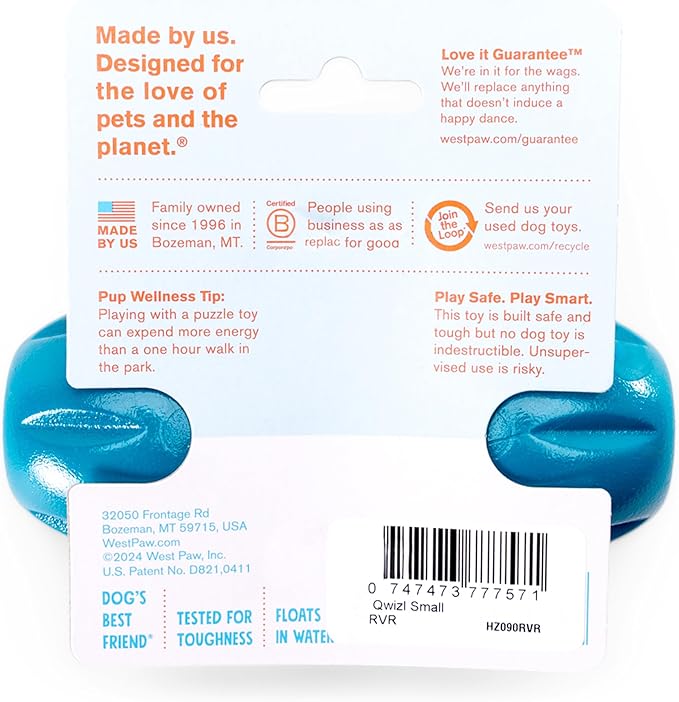 West Paw Qwizl Treat Dispensing Dog Toy for Tough Chewers- Durable Long Lasting Chew and Fetch Toy Keeps Dogs Engaged- Dishwasher Safe Safe Materials Made in USA - River Blue, Small