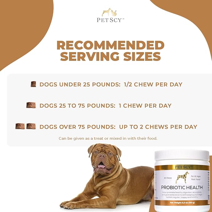 PetScy - Probiotic Chews for Dogs, Probiotic for Dogs of All Ages, Sizes & Breeds with Prebiotic Fiber and Pure Omega-3 | Improves Skin, Coat, and Gut Health, 30 Chews