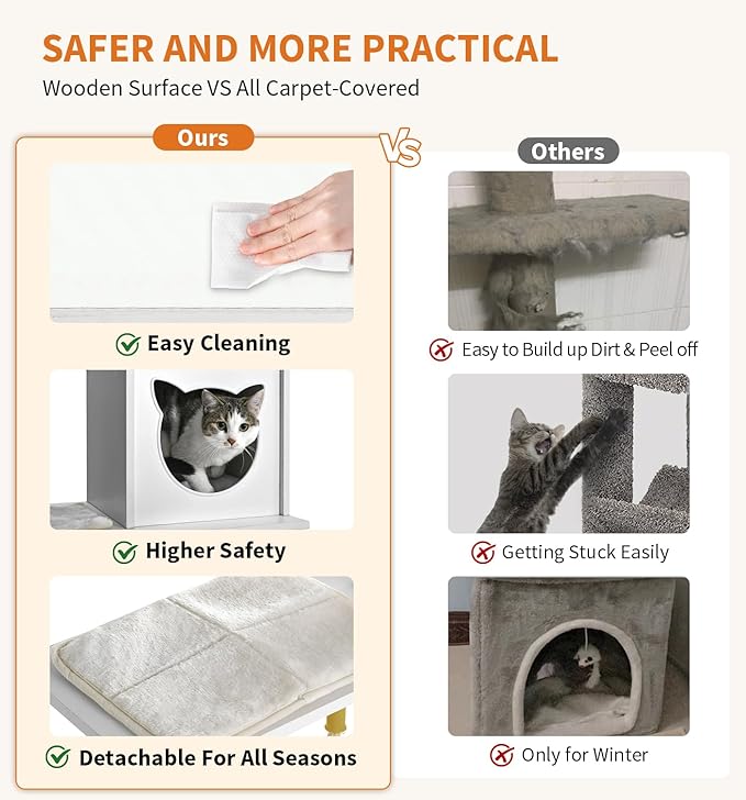 Made4Pets Cat Tree, Modern Cat Tree Tower for Indoor Cats - 65" Tall Wood Condo with Hammock, Scratching Post and Removable Pads for Small Large Cats, White