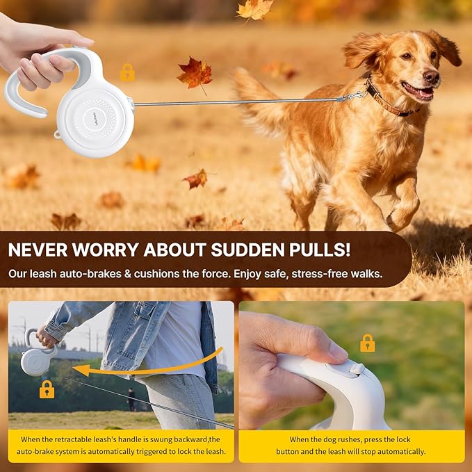 AutoBrake Retractable Dog Leash for Small and Medium Dogs, 360° Tangle-Free Dog Leash and 10Ft Strong Nylon Tape, Ergonomically Comfortable and Lightweight Grip Handle (White)