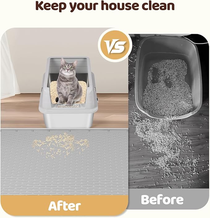 Cat Litter Mat, 2 Pack Large 34" x 22" Silicone Mat Litter Trapping Mat for Scatter Control, Soft on Kitty Paws, Easy to Clean (Light Grey)
