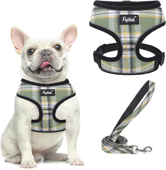 PUPTECK Soft Mesh Dog Harness and Leash Set Pet Puppy Cat Comfort Padded Vest No Pull Harnesses, Green/Yellow, L