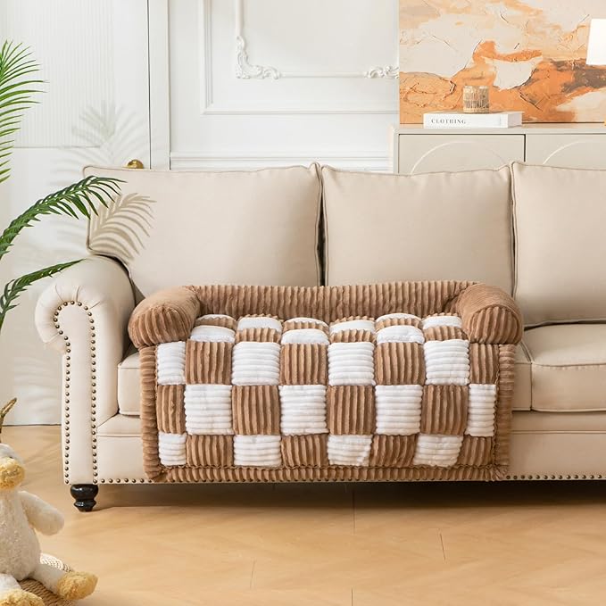 Dog Bed for Couch with Bolster, Comfy Couch Cover for Dogs Washable, Non-Slip Plush Furniture Protector, Calming Fuzzy Lounge Mat, Pet Sofa Accessories (Brown, Medium)