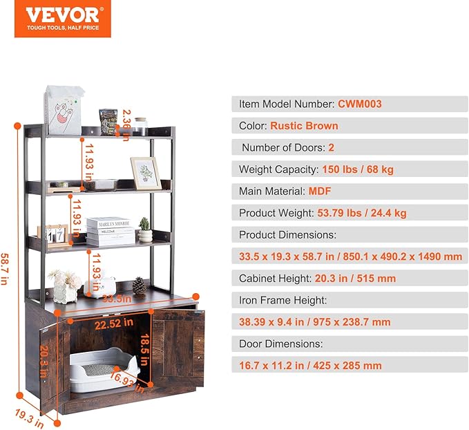 VEVOR Cat Litter Box Enclosure, Hidden Litter Box Furniture with 3 Storage Shelves, Wooden Cat Washroom Indoor, Large Cat House Cabinet Hidden Fit Most Litter Box, 33.5"L x 19.3"W x 58.7"H, Dark Brown