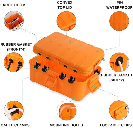 Flemoon Large Outdoor Electrical Box, IP54 Waterproof Outdoor Extension Cord Cover Weatherproof, Protect Outlet, Plug, Socket, Timer, Power Strip, Holiday Light Decoration, Orange