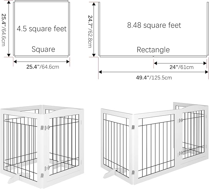 Vantas Folding Pet Gate 96" Wide, 30" Tall No-Assembly Wooden Dog Gate with Door Walk Through, Freestanding Wire Pet Gate, Pet Puppy Safety Fence, with 2PCS Support - White