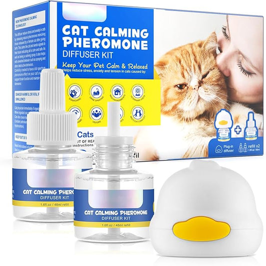 Cat Calming Diffuser Kit 60 Days, Cat Pheromones Calming Diffuser Effectively Relieve Anxiety Stress Fighting Scratching, Pheromone Diffuser for Cats -(1 Diffuser + 2 Refill)