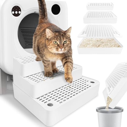 Adjustable 3 Steps Litter Box Ramp,Cat Litter Catcher, Cat Litter Box Step for Small & Elderly Cats,Easy to Clean,White