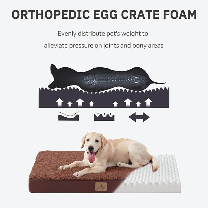 Bedfolks Orthopedic Dog Bed for Extra Large Dogs - Egg Foam Dog Crate Bed with Removable Waterproof Cover, Pet Bed Mat Suitable for Dogs and Pets Up to 90 lbs (41 x 29 x 3.5 inches, Brown)