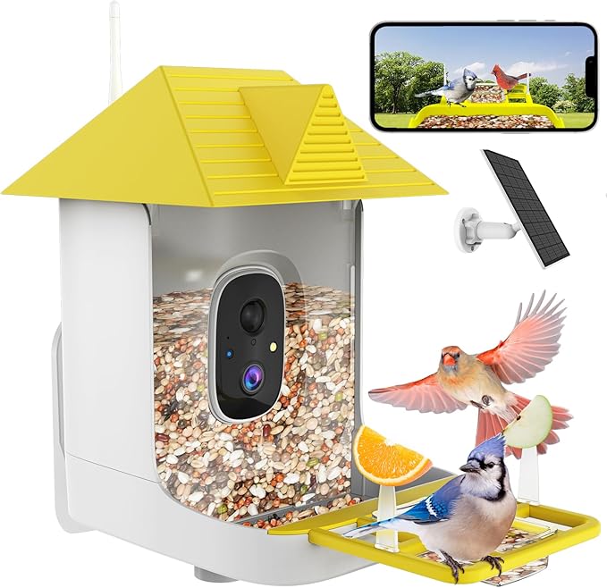 Bird Feeder with Camera,Bird House with Cam for Outside Solar Powered,Weatherproof for Garden,Yard & Lawn,2.4G WiFi Enabled,AI Birds ID,Auto-Records 1080p Videos to Cloud,Thoughtful Gift for Seniors