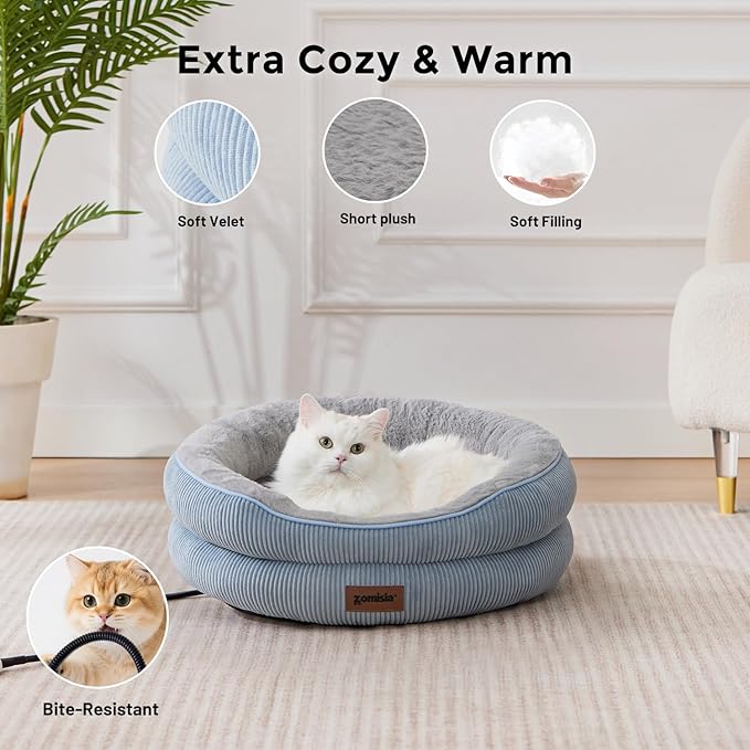 Heated Cat Bed Indoor - Adiustable Temperature Pet Heating Bed with Timer and Chew Resistant Cord, Washable Puppy Bed with Non-Slip Bottom, 21" x 21" x 8", Grey