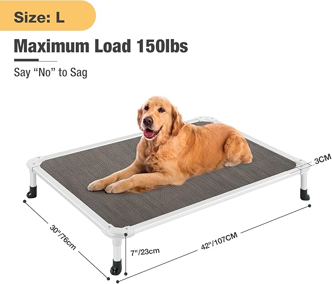 Veehoo Chew Proof Elevated Dog Bed - Cooling Raised Pet Cot - Silver Aluminum Frame and Durable Textilene Mesh Fabric, Unique Designed No-Slip Feet for Indoor or Outdoor Use, Brown, Large, CWC2003