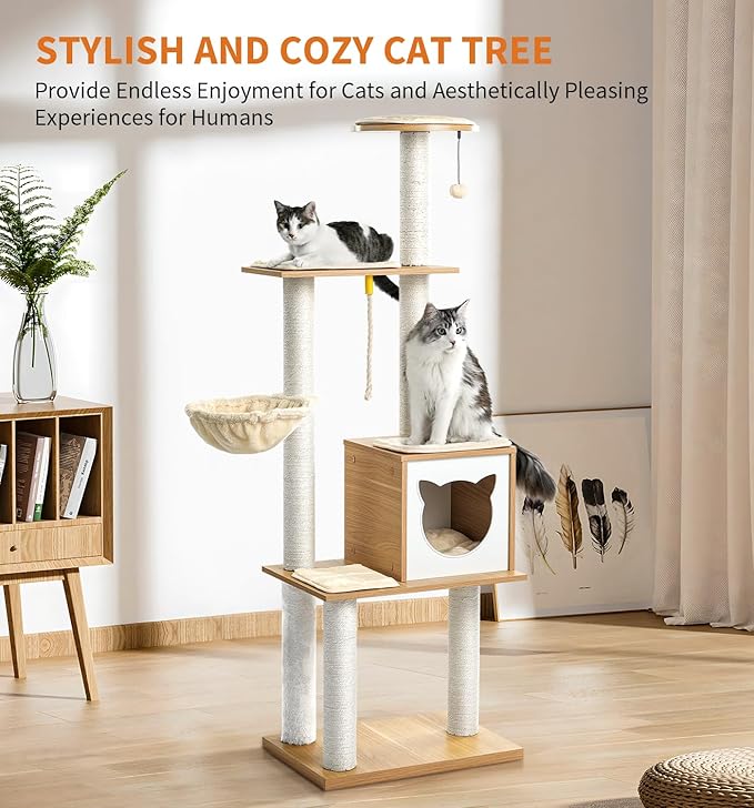 Made4Pets Cat Tree, Modern Cat Tree Tower for Indoor Cats - 65" Tall Wood Condo with Hammock, Scratching Post and Removable Pads for Small Large Cats, Beige