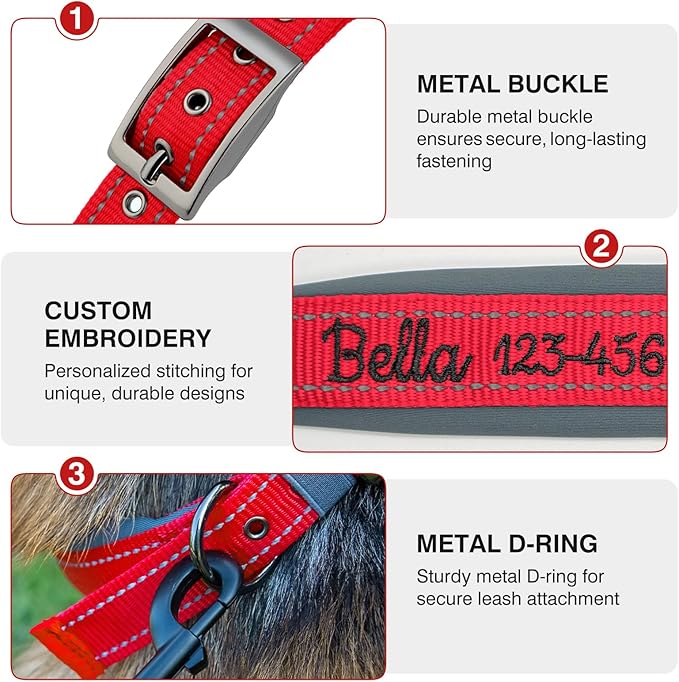 Nylon Personalized Dog Collar with Embroidered Name & Phone, Customizable, Reflective Strip, Soft Neoprene Lining, Durable Metal Buckle - Matching Leash Available