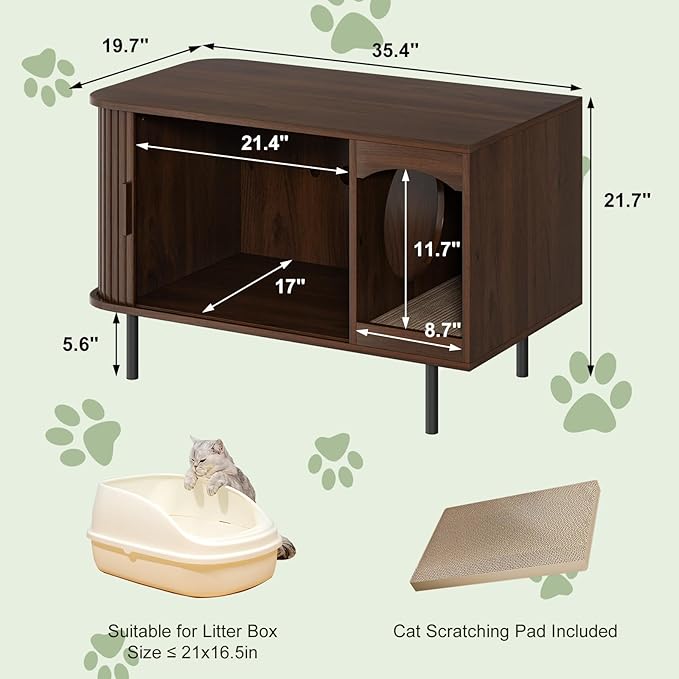 Cat Litter Box Enclosure Furniture, Hidden Litter Box Cabinet with Scratching Pad, Large Fluted Wood Cat House Indoor Modern Side End Table Litterbox Furniture for Living Room, Entryway, Walnut