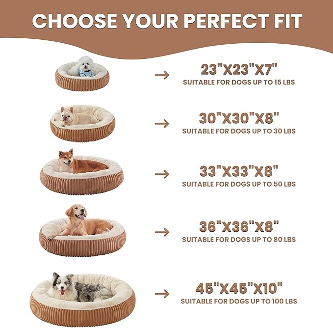 33 inches Donut Dog Bed for Medium Large Dogs,Calming Round Pet Bed with Removable Cover,Washable Milk Plush Faux Fur, Fits up to 50 lbs Pets(Brown,M Plus)