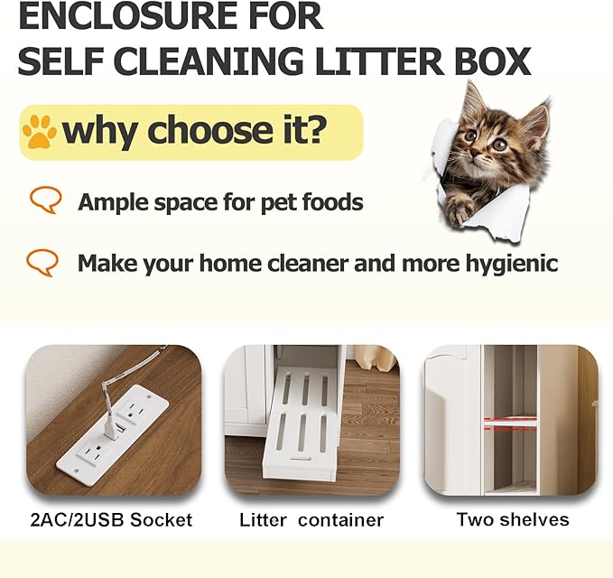 PAKASEPT Large Cat Litter Enclosure with Litter Collector, Wooden Cat Washroom Enclosure for self-Cleaning Litter Boxes, Large Hidden Litter Box Furniture with Charging Station, Wooden Cat House