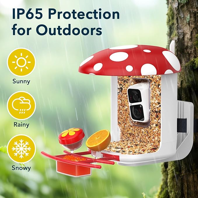 Smart Bird Feeder with Camera 2K Live Real-Time Alert AI Identify with 32G Card DIY Attachments Camera Bird Feeder Solar Powered Wireless Outdoor Birdwatching Gift for Birds Lover, Red
