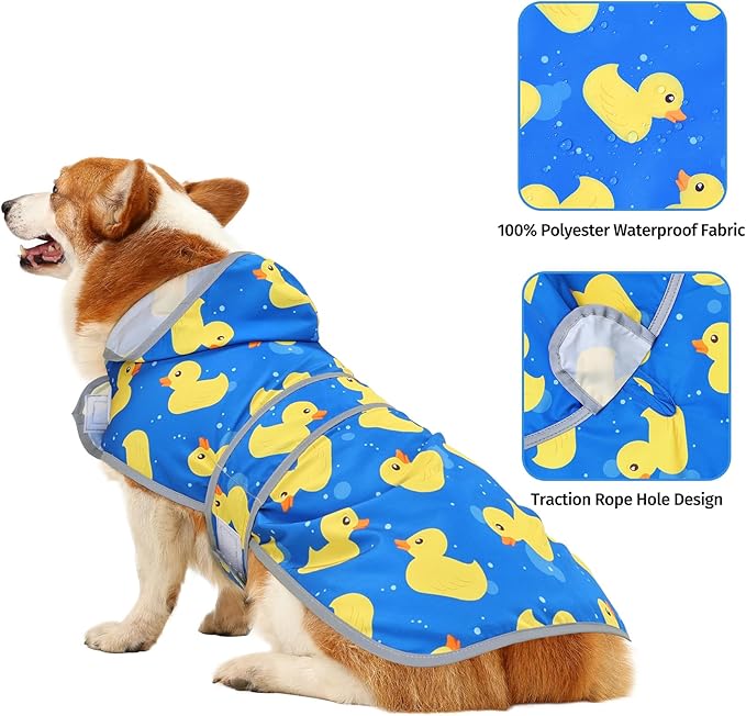 Dog Raincoats for Large Dogs Waterproof Hooded Rain Jacket with Reflective Strips Leash Hole & Poncho Adjustable Fit (ShinyDuck,L)
